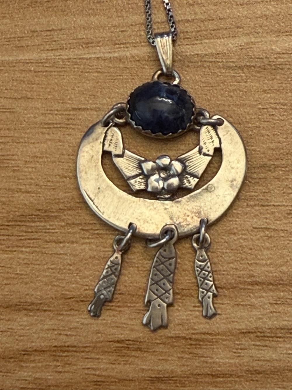 Boho Vintage Gheaui Crescent 925 sterling silver Necklace with lapis piece